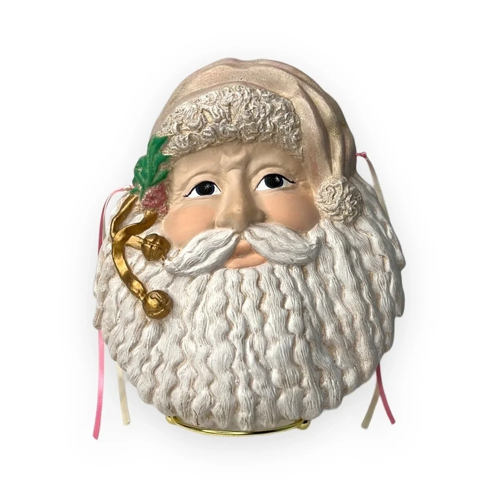 Pastel Ceramic Santa Face with Pink Hat Christmas Wall Decoration Gold Glitter‎